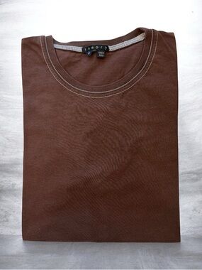 Theory Short Sleeve Contrast Stitch T-Shirt Brown Cotton Sz S